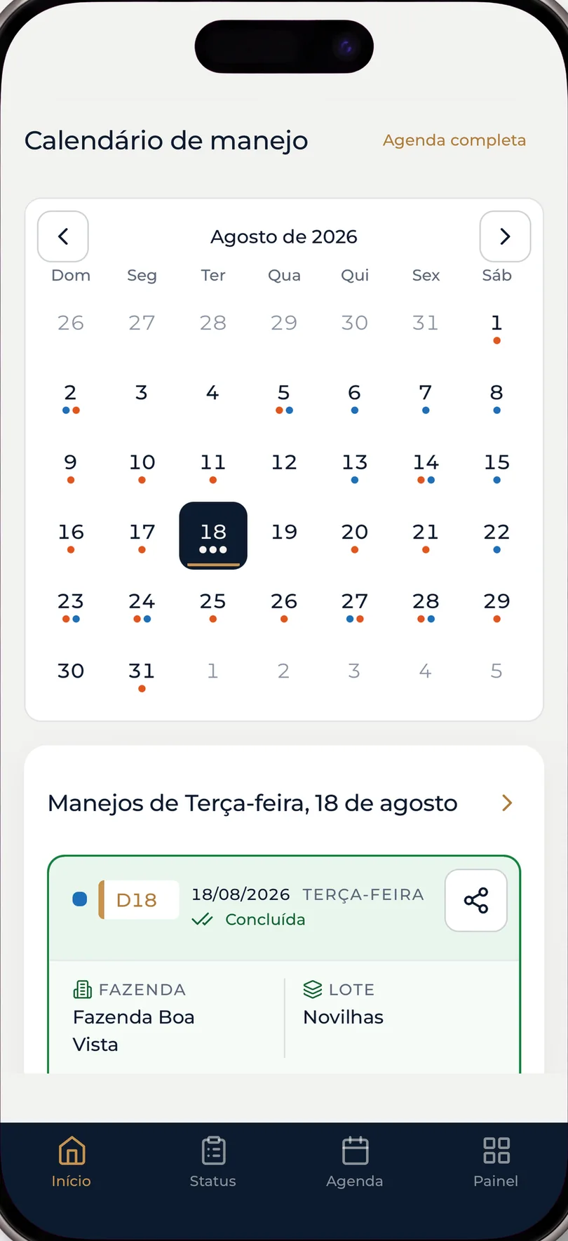 Tela do CowSynch com o calendário de manejo e o manejo do dia, com o botão de compartilhar