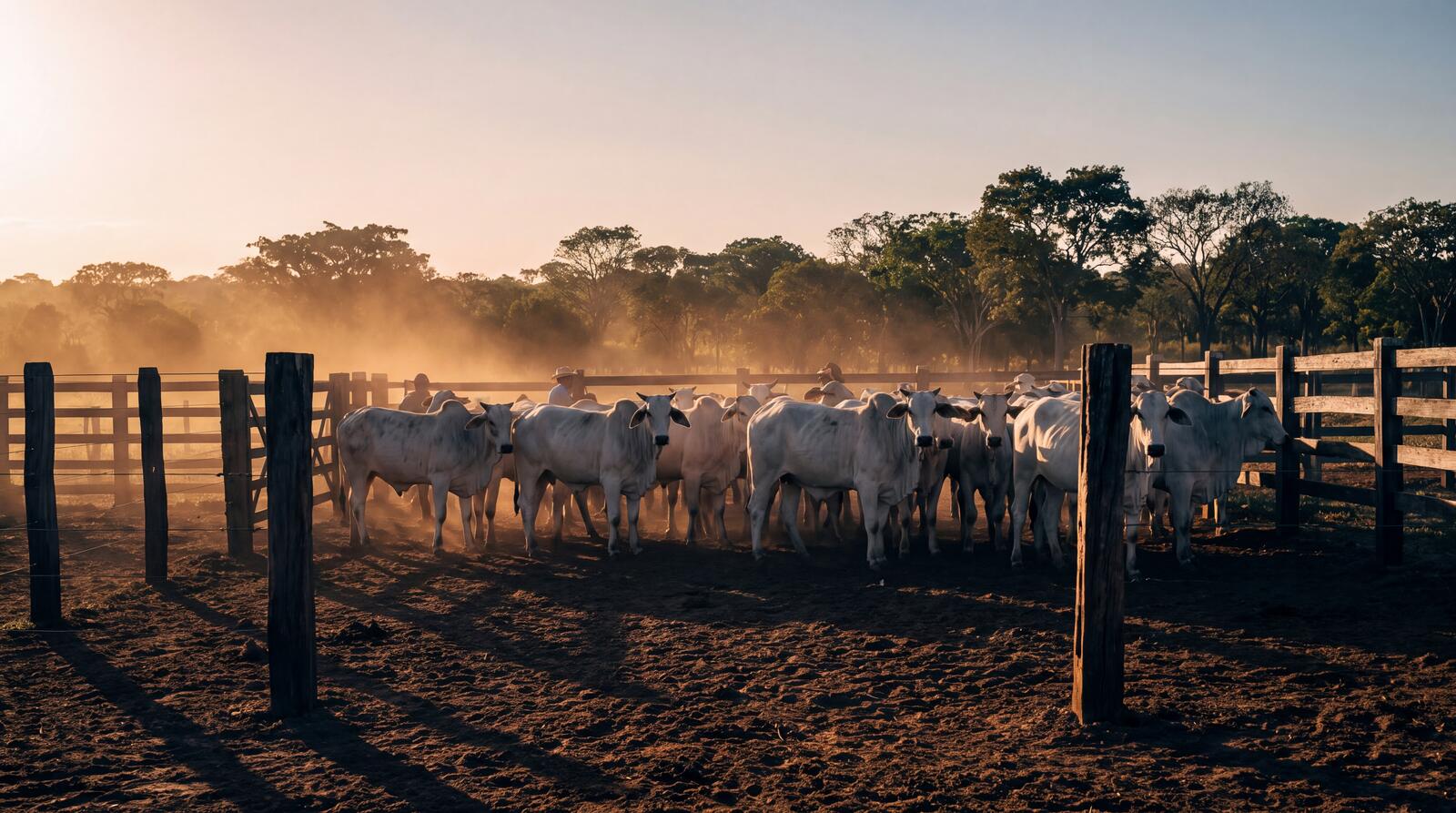 Curral ao amanhecer, com o rebanho na poeira dourada do contraluz