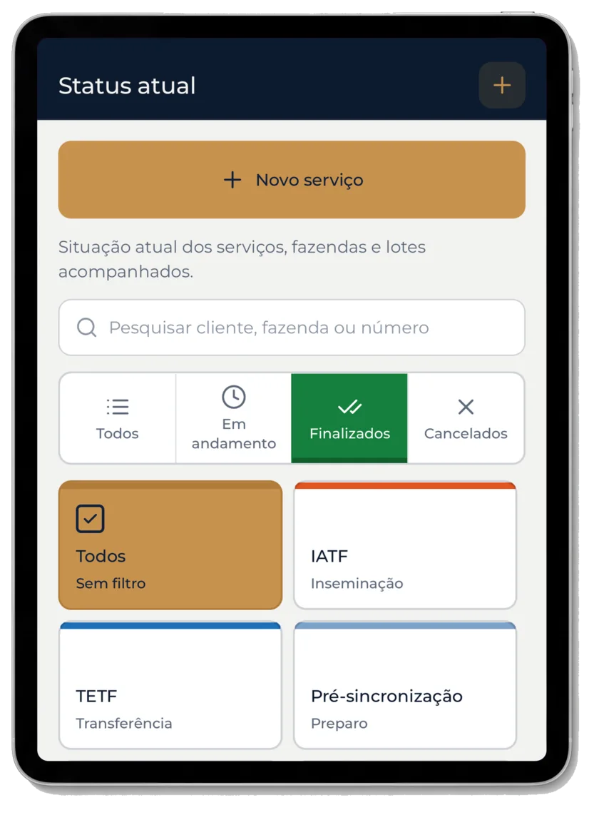 Tablet com a tela de status dos serviços do CowSynch