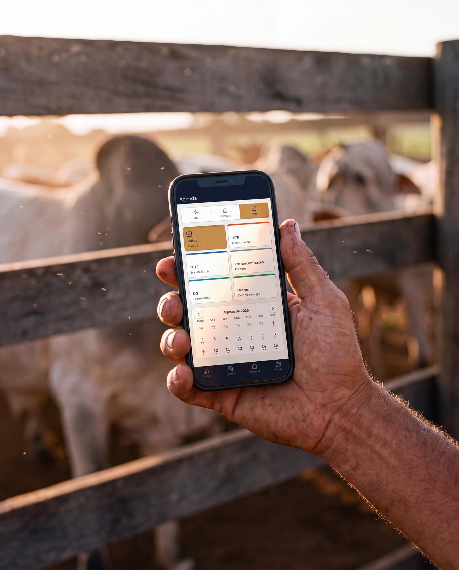 Mão segurando o celular com a agenda do CowSynch aberta, diante do rebanho no curral